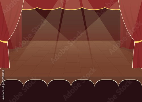 Empty stage flat color vector illustration. Night performance. Place for live concert with audience. Evening concert hall 2D cartoon interior with spotlight and drapery on background