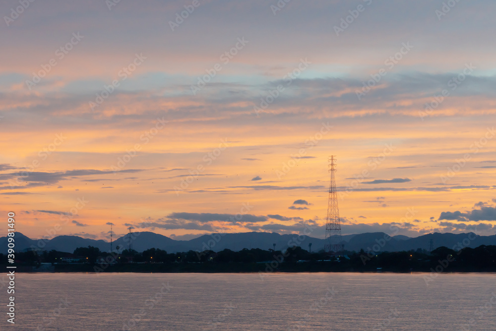 landscape of Laos border with Mekong River from thai border at sunrise