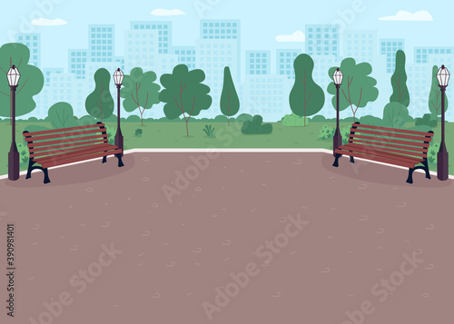 Park plaza flat color vector illustration. Parkway with benches. Place for recreation. Downtown district with nature. Metropolis playground 2D cartoon landscape with skyline on background photo