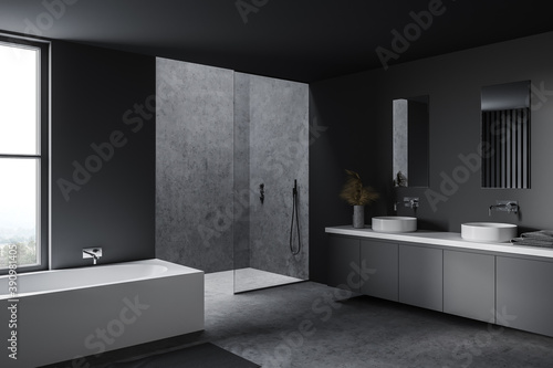 Leinwand Poster Gray bathroom corner with tub, shower and sink