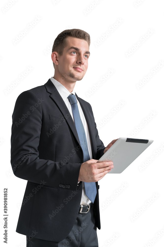Young businessman with tablet, isolated Young businessman with tablet, isolated
