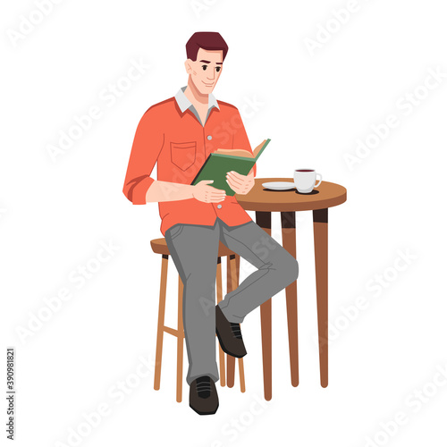 Guy at table in cafe reading book isolated cartoon character. Vector man sitting on chair, cup of coffee on table, male student studying or working in cafe or restaurant. Serious person with textbook