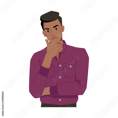 Afro american businessman in casual cloth holding hand on chin isolated. Vector thinking guy, standing pose, male flat cartoon character, office worker posing. Confused, dreaming, hesitating student