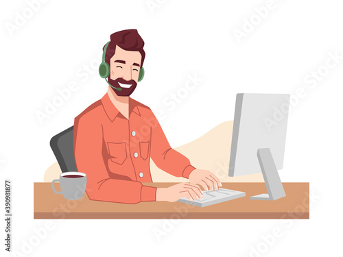 Guy operator smiles in headphones and microphone typing on keyboard. Vector online call center worker, customer service support center. Programmer, interpreter, psychologist communicating via computer