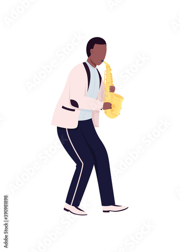 African saxophonist flat color vector faceless character. Man play classical musical instrument. Sax player. Jazz music performance isolated cartoon illustration for web graphic design and animation © The img
