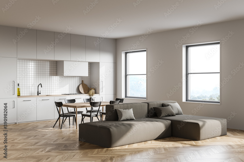 White kitchen corner with table and sofa White kitchen corner with table and sofa