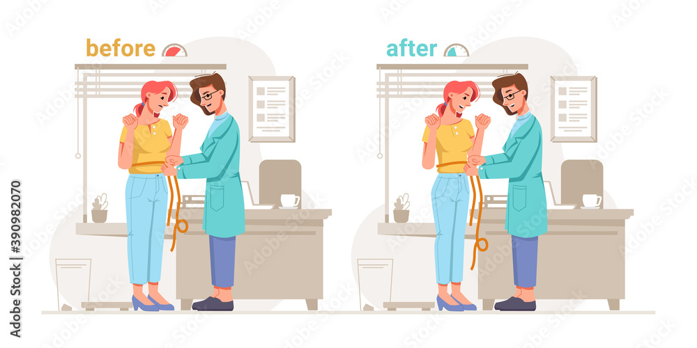 Nutritionist helps overweight girl, result before and after. Vector expert in nutrition helps woman to get rid of excess weight. Dietician dietitian in cabinet with table, window and dieting banners Nutritionist helps overweight girl, result before and after. Vector expert in nutrition helps woman to get rid of excess weight. Dietician dietitian in cabinet with table, window and dieting banners