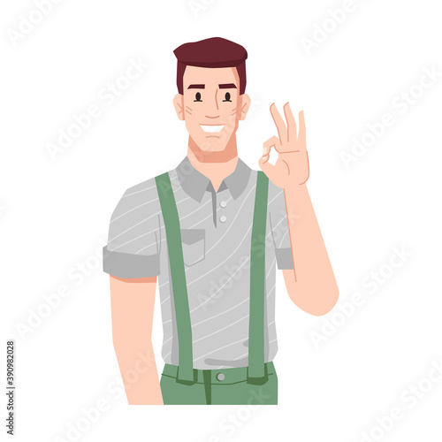 Man showing sigh of approval and enthusiasm. Personage gesturing, ok gesture. Businessman or manager isolated person. Cheerful and successful guy with smile. Cartoon character, vector in flat style