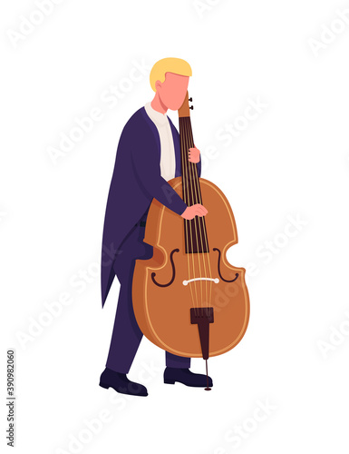 Caucasian cello player flat color vector faceless character. Cellist perform. Man play musical instrument. Classical music isolated cartoon illustration for web graphic design and animation