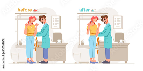 Nutritionist helps overweight girl, result before and after. Vector expert in nutrition helps woman to get rid of excess weight. Dietician dietitian in cabinet with table, window and dieting banners