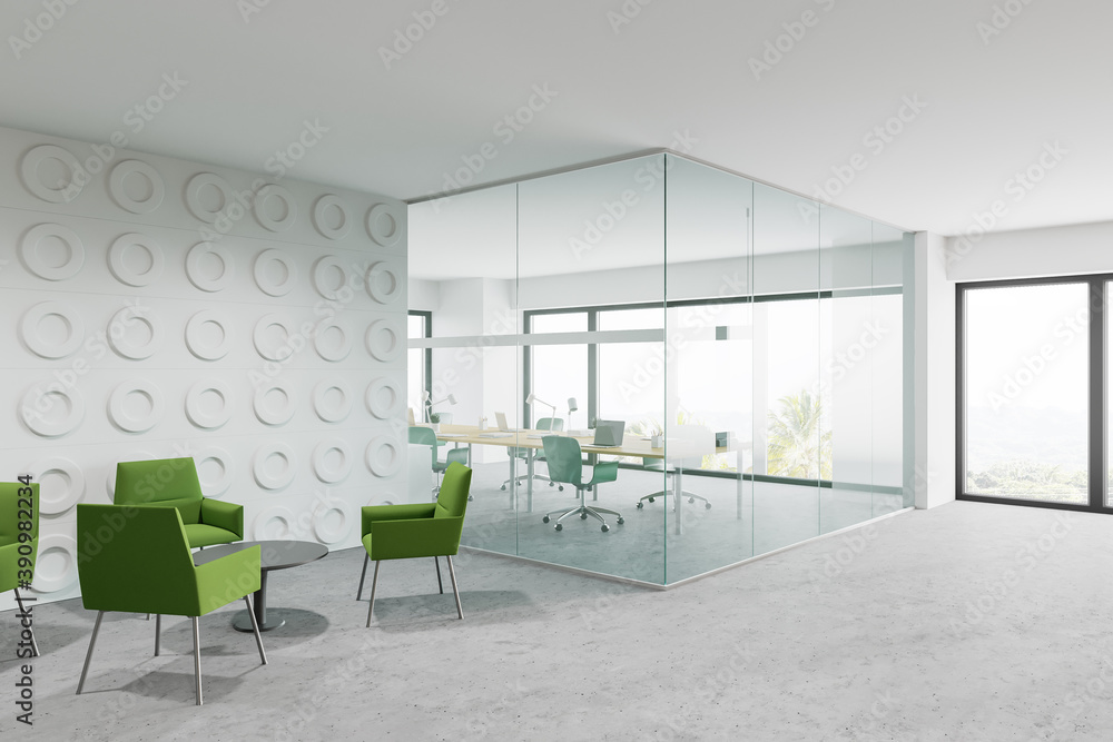 Fototapeta premium White office waiting room corner with green armchairs