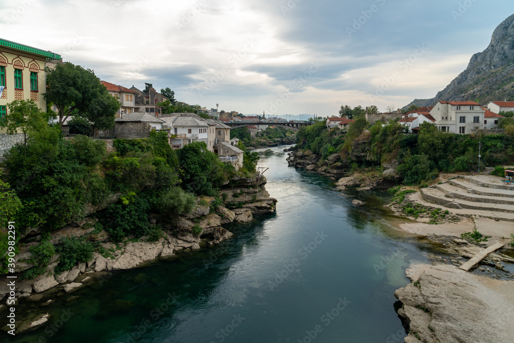Old town of Mostar, Bosnia and Herzegovina, with Stari Most bridge, Neretva river and old mosques