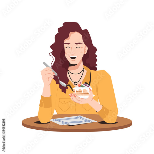 Stylish woman delighted with cake sitting at table in cafe or restaurant. Vector smiling caucasian eating vanilla biscuit with cherry flat cartoon character. Girl enjoying sweet dessert, spoon in hand