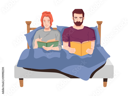Man and woman reading books before falling asleep. Boyfriend and girlfriend in bed enjoying literature publication. Husband and woman spending time at home. Cartoon character, vector in flat style