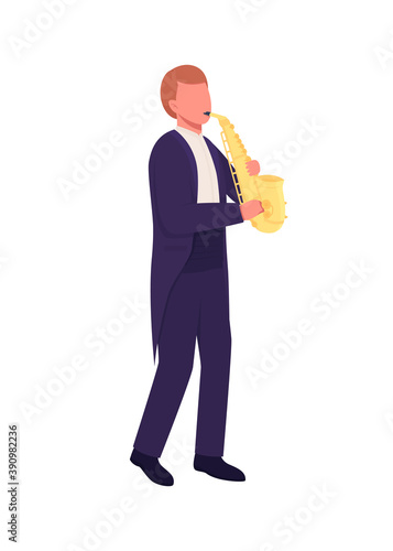 Caucasian saxophonist flat color vector faceless character. Man play musical instrument. Classical music performance isolated cartoon illustration for web graphic design and animation