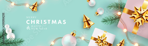 Christmas banner. Xmas background design with realistic gifts, golden conical Christmas trees, bauble balls, garland lights, pine branches. Horizontal christmas poster, greeting card, website header