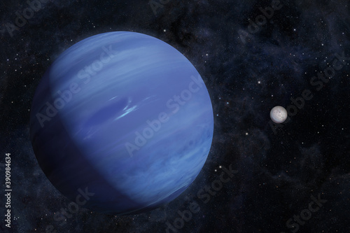 3D illustration Big Blue Planet Neptune and Triton