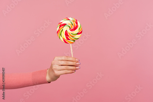 Profile side view closeup of female hand in pink sweater holding and showing rainbow colorful candy lollipop. Indoor studio shot isolated on pink background