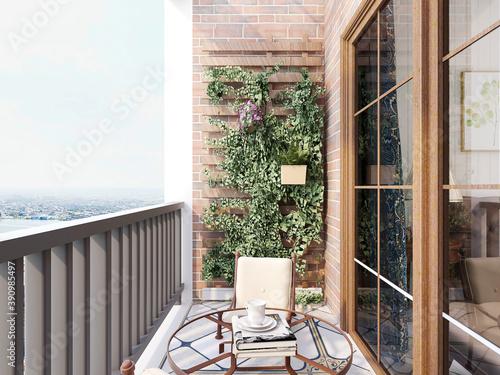 （3D rendering,The design of the outdoor balcony of the urban residence is equipped with flowers, leisure tables, chairs and other decorations.