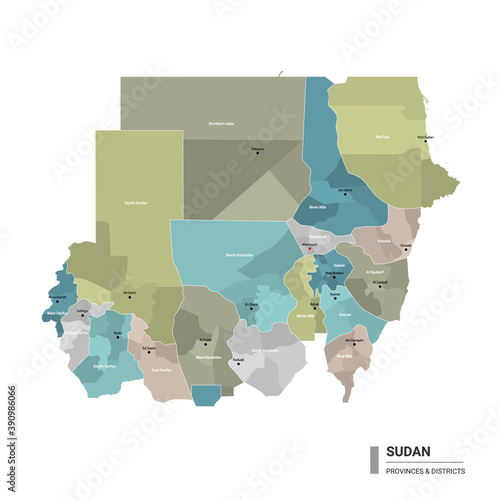 Sudan higt detailed map with subdivisions. Administrative map of Sudan with districts and cities name, colored by states and administrative districts. Vector illustration  photo