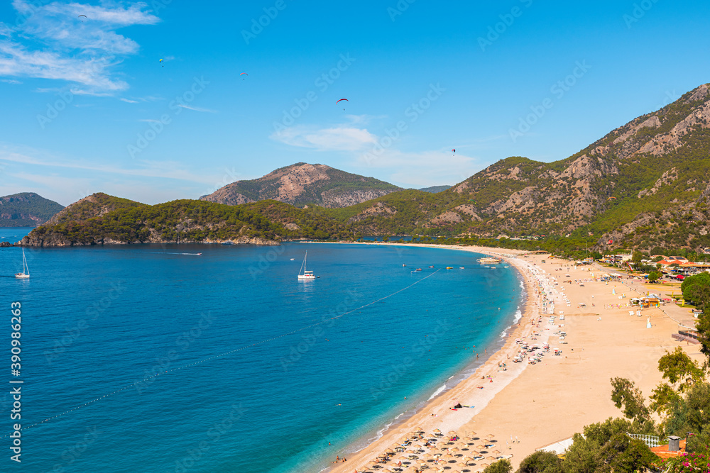 Panoramic view of Oludeniz beach and Blue Lagoon in Turkey. Summer holiday travel destination