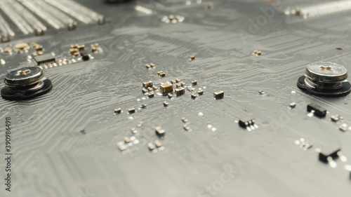 Motherboard close up photo with transistors photo