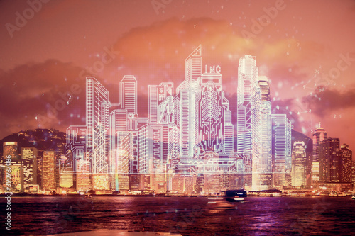 Double exposure of buildings hologram over cityscape background. Concept of smart city. photo