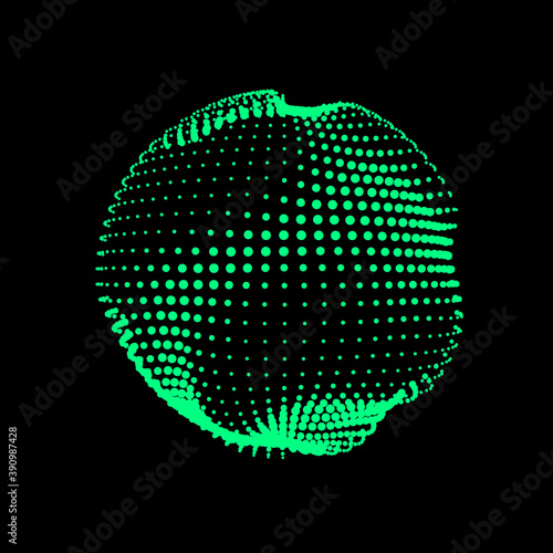 A deformed deflating sphere formed from a sea of dots. An unstable sphere, iridescent with abstract smooth deformations. photo