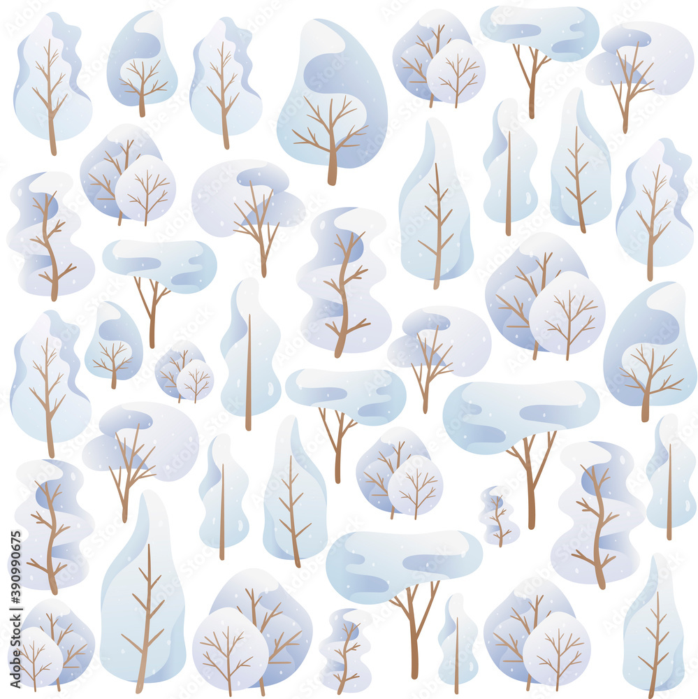 Obraz premium Vector illustration. Seamless pattern t of doodle images. Cartoon trees in a blue palette, snow-covered winter crown of different shapes. Background decoration