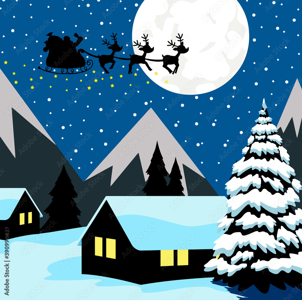 Santa Claus In Flight With His Reindeer And Sleigh In Christmas Night. Vector Illustration Flat Design With Background