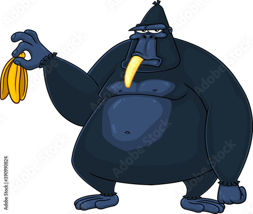 Black Gorilla Cartoon Character Is Holding A Banana. Vector Illustration Isolated On White Background
