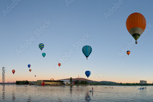 Hot Air Balloons Over the Lake in Canberra Balloon Festival