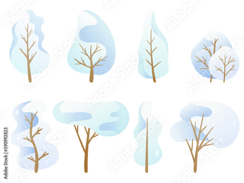 Vector illustration. A set of doodle images. Cartoon trees in a blue palette, snow-covered winter crown of different shapes. Background decoration