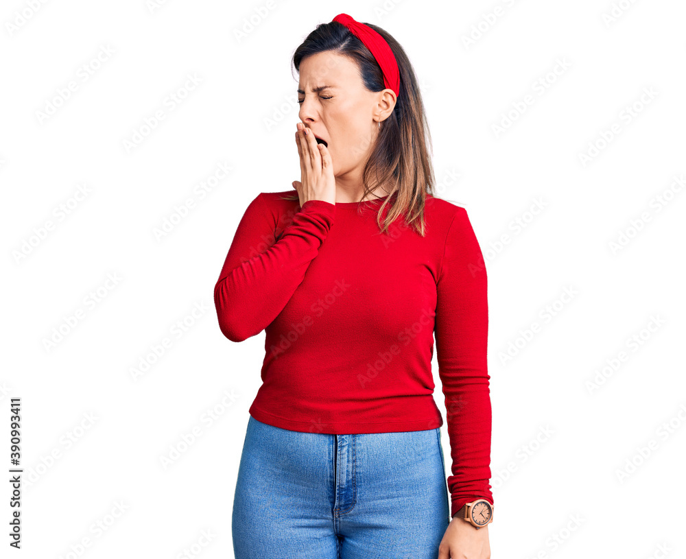 Young beautiful woman wearing casual clothes bored yawning tired covering mouth with hand. restless and sleepiness. Young beautiful woman wearing casual clothes bored yawning tired covering mouth with hand. restless and sleepiness.