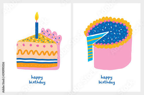 Happy Birthday Vector Cards Set. Abstract Infantile Style Colorful Cakes Isolated on a White Background. Best Wishes. Childish Style Vector Illustration for Birthday Party ideal for Card, Greeting.