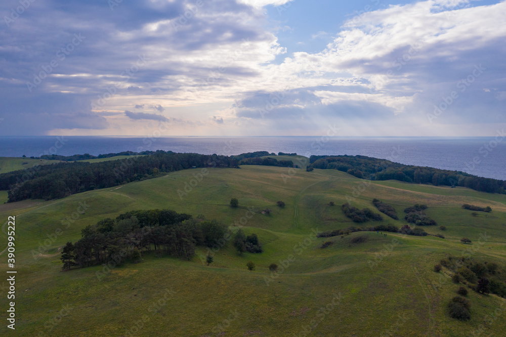 Drone panorama over area Moenchgut on Ruegen, Germany