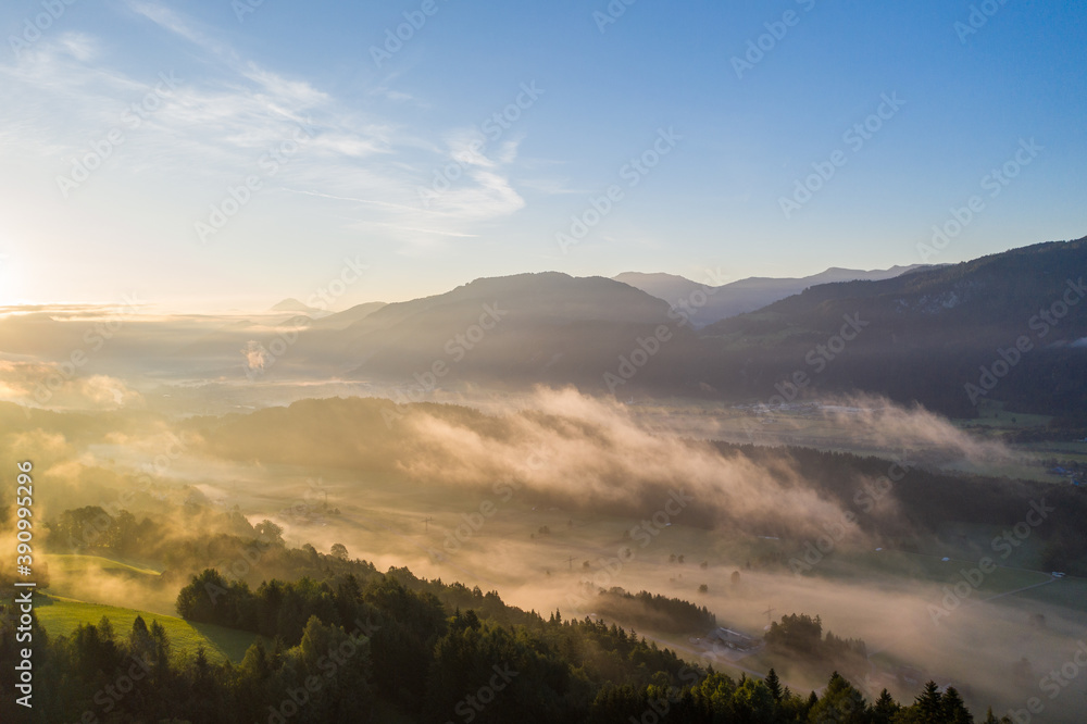 Drone panorama over Tyrol landscape, at sunrise in Austria.
