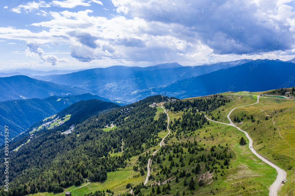 Drone panorama over Seiser Alm in South Tyrol in Italy