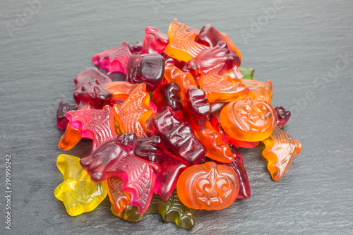 heap of gummy candy with bats and pumpkins