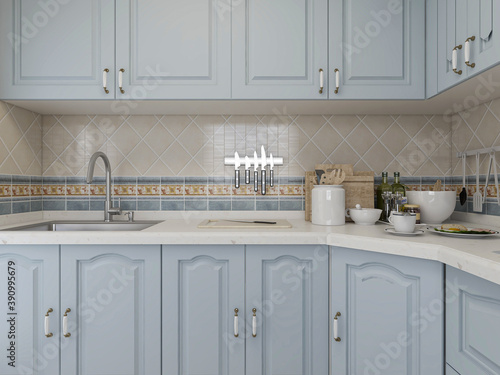 Spacious and beautiful kitchen, there are kitchenware, stove, refrigerator and other equipment