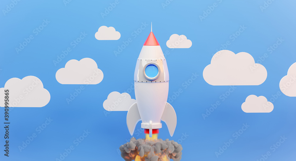 Fototapeta premium 3d render of white rocket launch with cloud