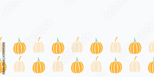 Vector illustration. Various kinds of pumpkins horizontal seamless pattern border background.
