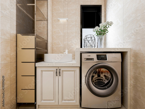 Clean and tidy bathroom, there are washstand, shower, toilet, bathtub and so on