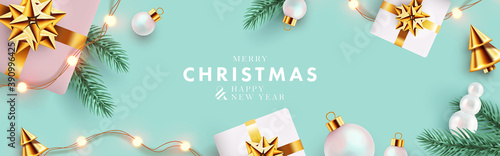 Christmas banner. Xmas background design with realistic gifts, golden conical Christmas trees, bauble balls, garland lights, pine branches. Horizontal christmas poster, greeting card, website header