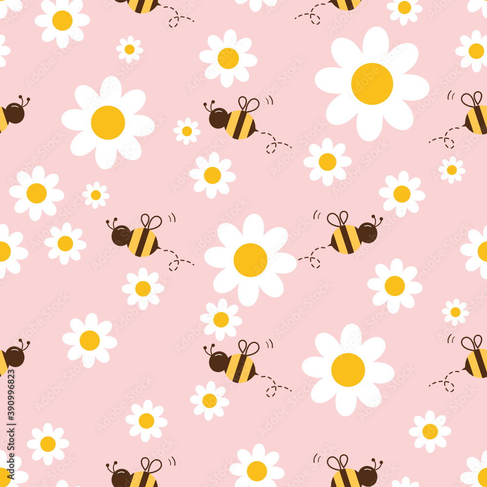 Seamless pattern with daisy flower and flying bee cartoon on pink background vector illustration. Flat design for print. Seamless pattern with daisy flower and flying bee cartoon on pink background vector illustration. Flat design for print.