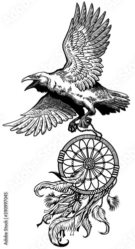 Raven carrying dream catcher. American native indians dreamcatcher. A crow in flight. Black and white tattoo style vector illustration