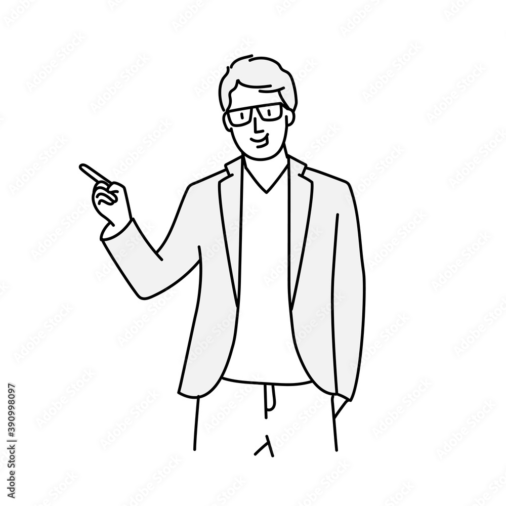 Man in glasses pointing to the side. Hand drawn vector illustration. 