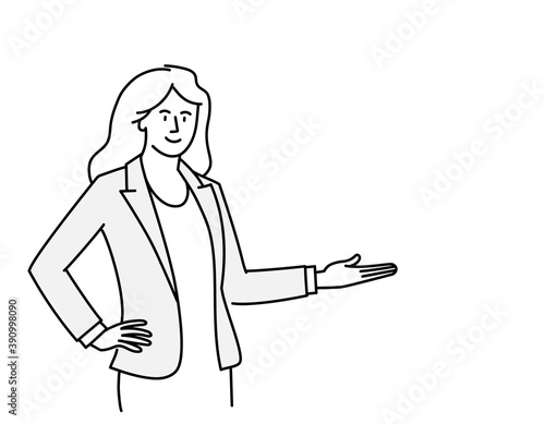 Young girl showing something. Hand drawn style vector design illustrations.