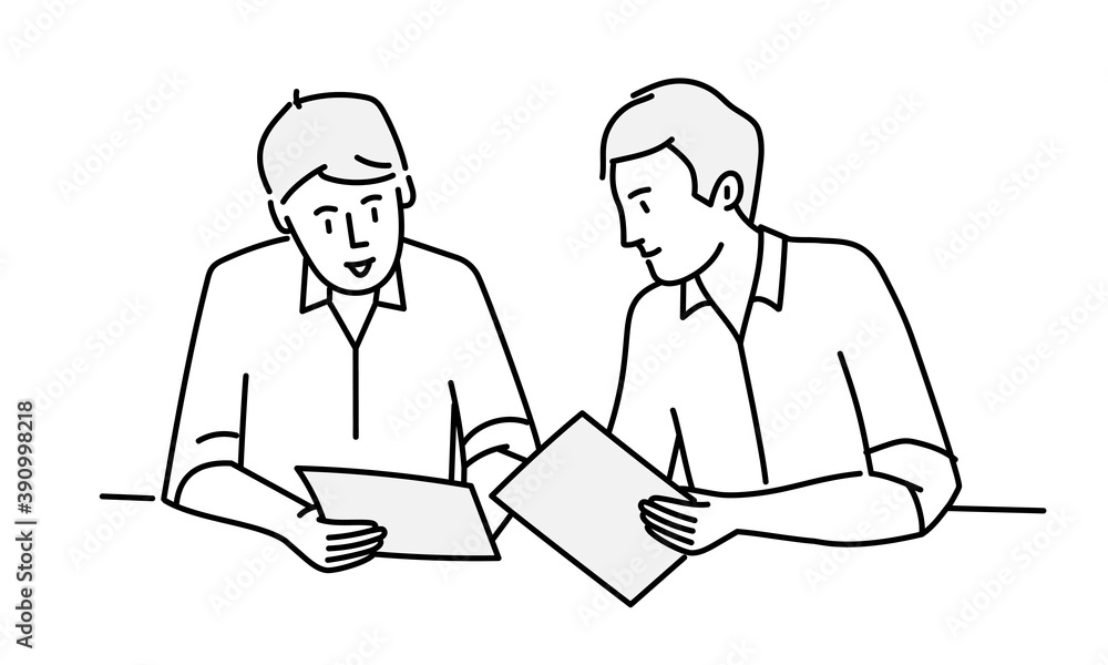 Two businessmen. Discussion in the meeting. Hand drawn vector illustration. Two businessmen. Discussion in the meeting. Hand drawn vector illustration.