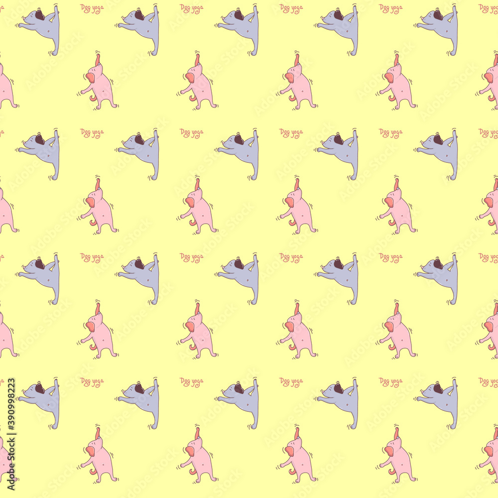 Seamless pattern. pets yoga. cute puppies go in for sports, gymnastics and stand in an asana, meditate. Vector illustration on yellow background. Dog yoga. For design, packaging, textiles, wallpaper